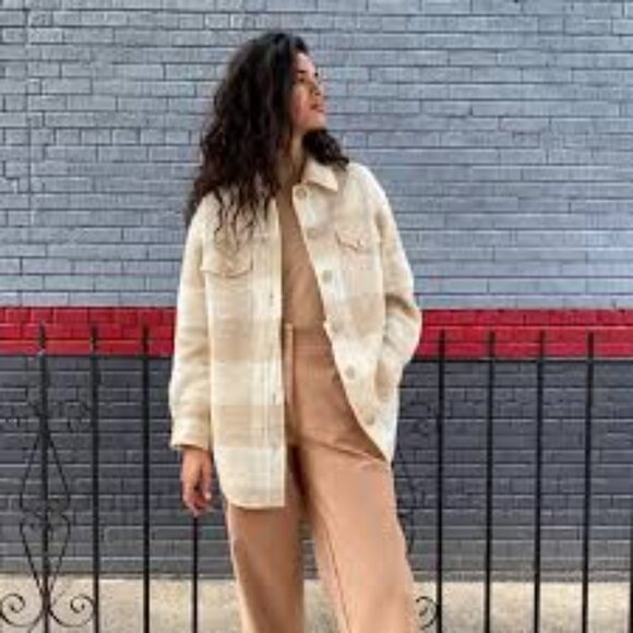 Aritzia Wilfred Free Midi Wool blend Plaid Ganna Jacket Long Black Beige SZ S - Picture 1 of 8